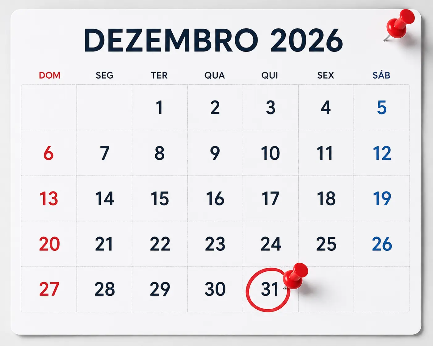 Calendário de dezembro de 2026 representando o período de atualizações do material